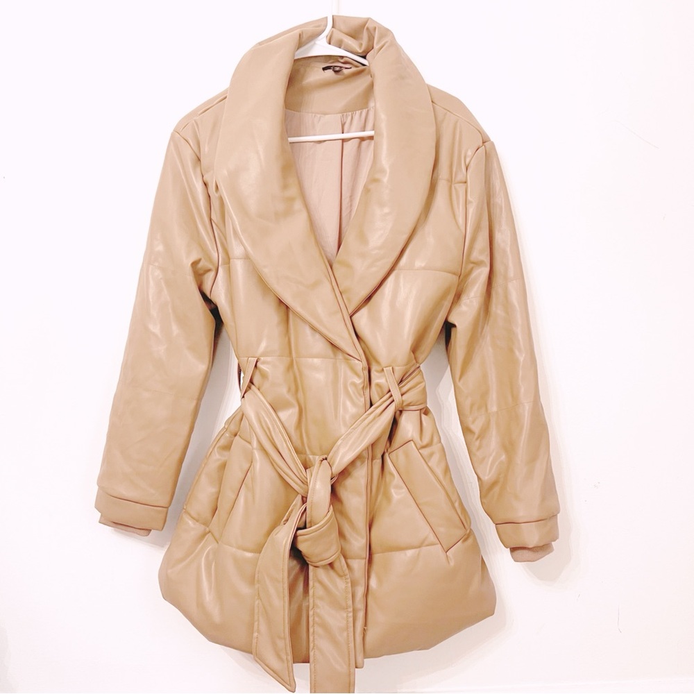 🖤ONTWELFTH faux leather tan coat Belted Puffer Coat